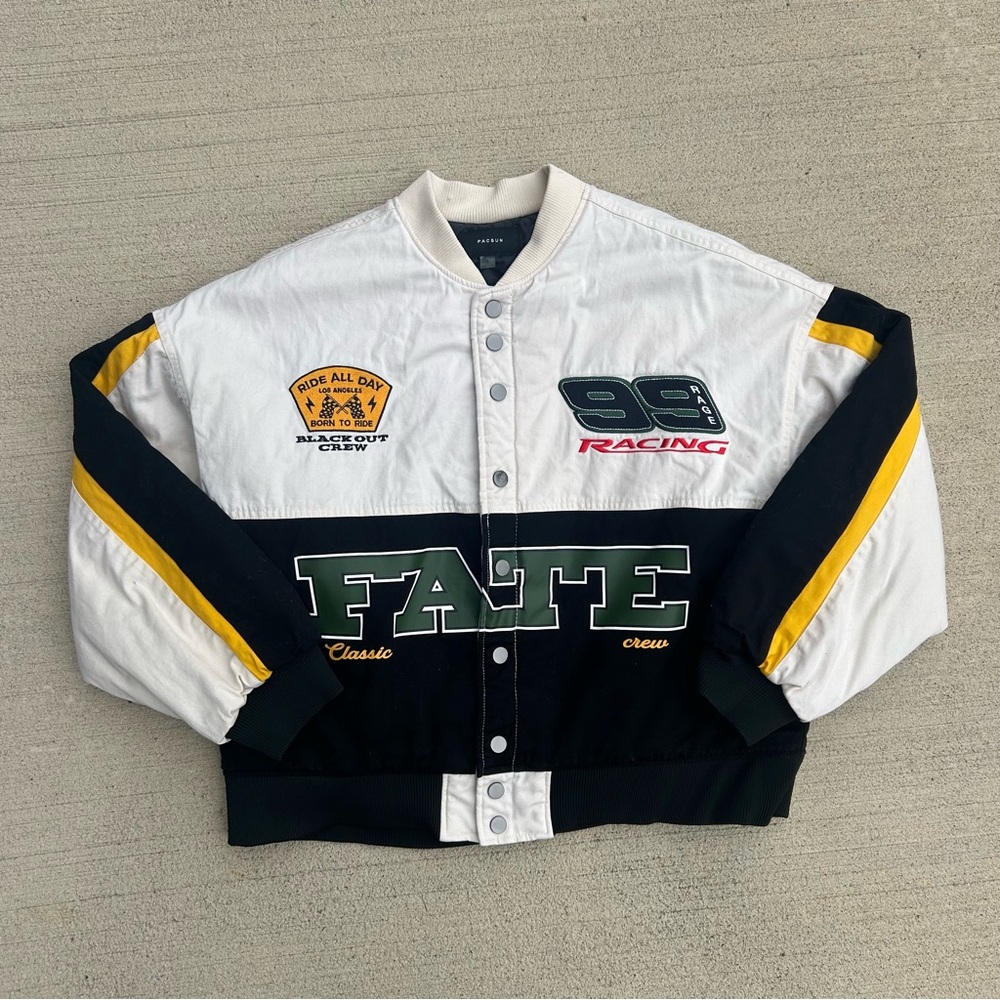 PacSun Men's Black, White, and Yellow Varsity Jacket